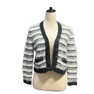 Calvin Klein Black White Striped Open Front Fuzzy Cardigan Sweater Size Medium
